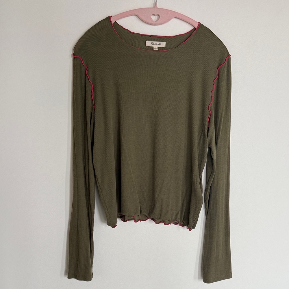 Madewell Olive Long Sleeve Top with Pink Trim